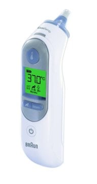 Thermoscan 7 mit Age Precision IRT6520 nur für den Privatgebrauch Infrarot-Ohrfieberthermometer, silber/blau, inkl.Aufbewahrungsbox, 21 Schutzkappen, Batterie