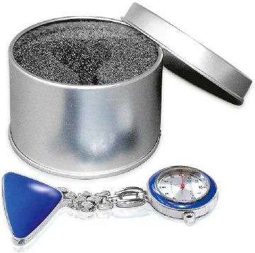 Schwesternuhr ratiomed mit Clip blau/silber in MetallDose