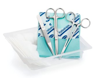 Nahtset fein, Tupfer und Vlieskompressen 1 gerade spitz/stumpf-Schere Micro Adson-Pinzette 12 cm Derf Nadelhalter 13 cm Lochtuch 50x50 cm