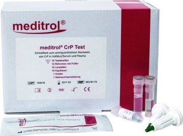 Meditrol CRP-Schnelltest, 10 Teststreifen, 10 Röhrchen, 1 Fl. Puffer, 10 Lanzetten, 10 Kapillaren, 1 Holder, 1 Anleitung
